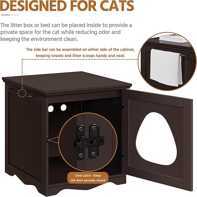 Yaheetech Cat Litter Box Enclosure, Litter Box Furniture Hidden with Towel Bar, Wooden Pet Washroom, Dog Proof Cat Litter Box Cabinet, Indoor Pet House, Side End Table, Espresso