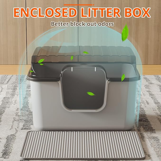 Oneluck Large Cat Litter Box with Transparent Covered,Mat and Scoop, Convenient for Observing Cats, Front Door Flap for Privacy, Gray (23.5" L x 16.9" W x 15.76" H) (23.5" L x 16.9" W x 15.76" H)
