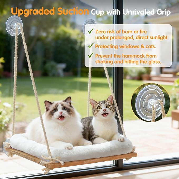 Cat Window Perch, Rustic Cat Hammock Bed with Solid Wood Seat 4 Heavy Duty Suction Cups, Plush Cushion, Indoor Pet Window Hammock for Cats for Large Cats