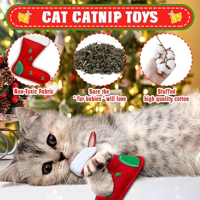 Cat Christmas Stocking, 10 Pack Gifts for Christmas, Interactive Feather Toy with Catnip, Cat Ball Toys, Crinkle Balls, Mice Toys for Indoor Cats & Kitten