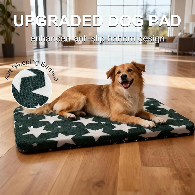 Washable Dog Bed Plush Orthopedic Outdoor Crate Mat with Non-Slip Bottom,Luxe Soft Kennel Pad for Pets, Cozy Cage Cushion & Pet Sleeping Mattress Large Sized,Medium,Small Dogs,36x24 inch,Green