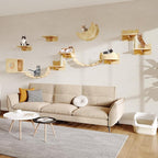 Cat Wall Shelves, Wall Mounted Cat Shelf Furniture with Plush Fabric(13 Piece Set), Cats Furniture with Moon Hammock, Condos, House, Steps, Bridge Ladder, Scratching Post, Beige