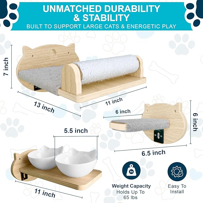 Big Cat Wall Shelves with 3 Steps, Wall Furniture for Large Cats, Feeding Shelf, Mounted Cat Bed, Easy Installation Modern and Durable Shelves for Cats.