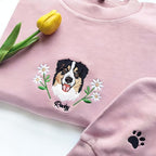 Personalized Dog Face Embroidered Sweatshirt Custom Pet Portrait From Photo Floral Stitch Design Unisex Crewneck Pullover Thoughtful Gift For Dog Lovers Pet Parents