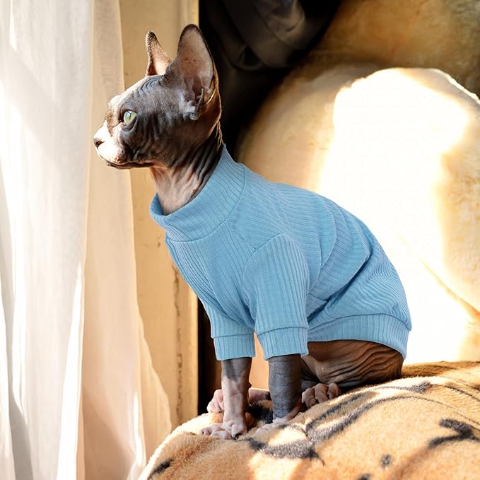 PUMYPOREITY Stretchy Cat Shirt & Sweater with Sleeves - Soft Cat Clothes for Sphynx, Devon Rex & More - Blue, XL