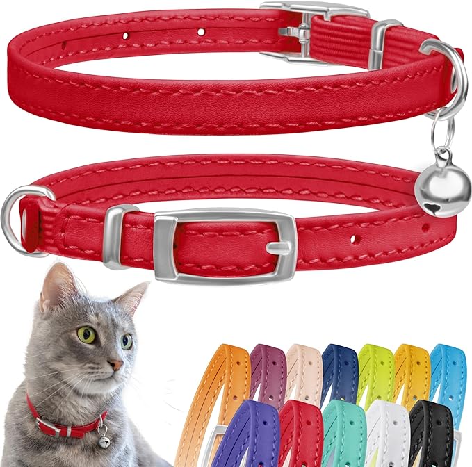 CollarDirect Leather Cat Collar with Bell - Kitten Collar, Small and Big Cat for Boy Cats, Girl Cats with Safety Elastic Strap (Neck Fit 8"-11", Red)