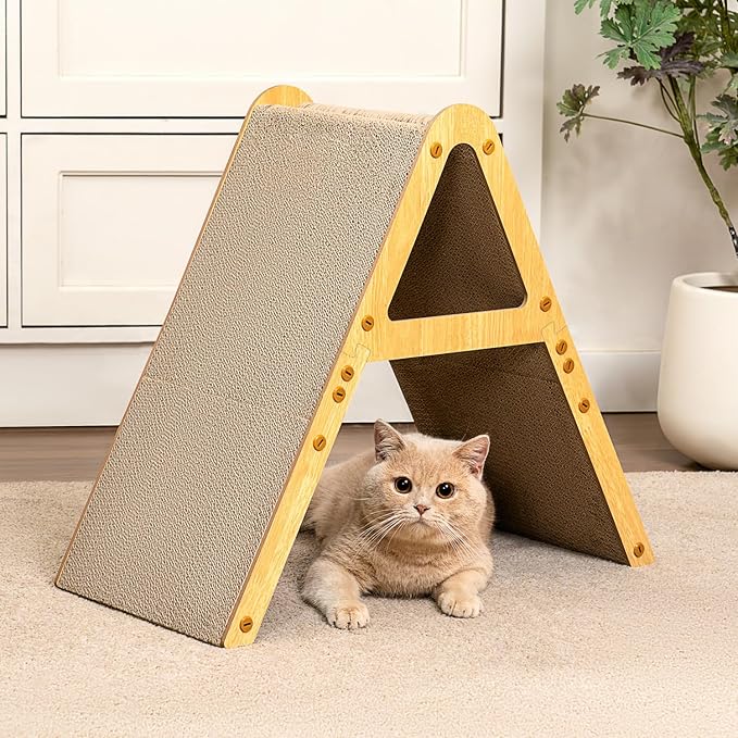 A-Frame Cat Scratchers for Indoor Cats, Wood Frame & Recycled Cardboard Scratch Pad, Dual-Sided Vertical Horizontal Scratching Board, Space-Saving Furniture Protector for Sofa Walls, Medium