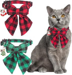 ADOGGYGO Christmas Cat Collars Breakaway with Bowtie, 2 Pack Red Green Plaid Xmas Kitten Collar with Removable Bow Bell Christmas Collar for Cats Kittens