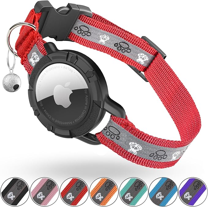 Reflective AirTag Cat Collar, Integrated Cat Tracker Collar with Air Tag Holder and Bell, Safety Elastic Band Cat GPS Collars for Girl Boy Cats, Kittens and Puppies (Red, XS)