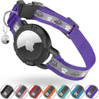 Reflective AirTag Cat Collar, Integrated Cat Tracker Collar with Air Tag Holder and Bell, Safety Elastic Band Cat GPS Collars for Girl Boy Cats, Kittens and Puppies (Purple, S)