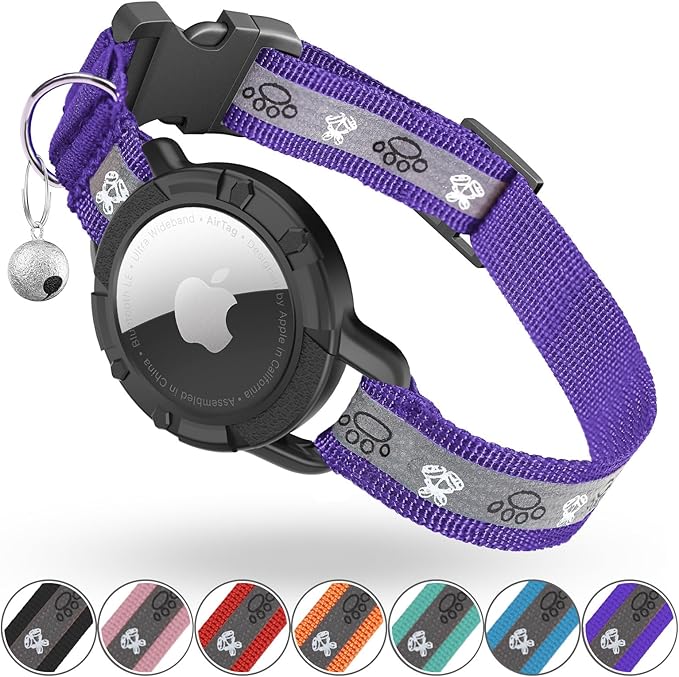 Reflective AirTag Cat Collar, Integrated Cat Tracker Collar with Air Tag Holder and Bell, Safety Elastic Band Cat GPS Collars for Girl Boy Cats, Kittens and Puppies (Purple, S)