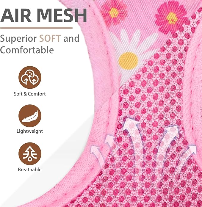 PUPTECK Dog Harness and Leash Set for Small Medium Dogs No Pull Step-in Soft Mesh Puppy Cat Vest Harnesses Reflective at Night, Pink Floral, S