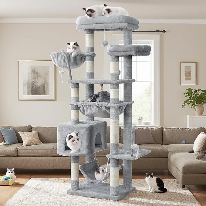 Cat Tree, Cat Tower for Large Cats with 2 Big Platforms, 2 Baskets, condo and Toys, 63" Cat Scratching Posts for Indoor Cats, Light Gray GCT020W