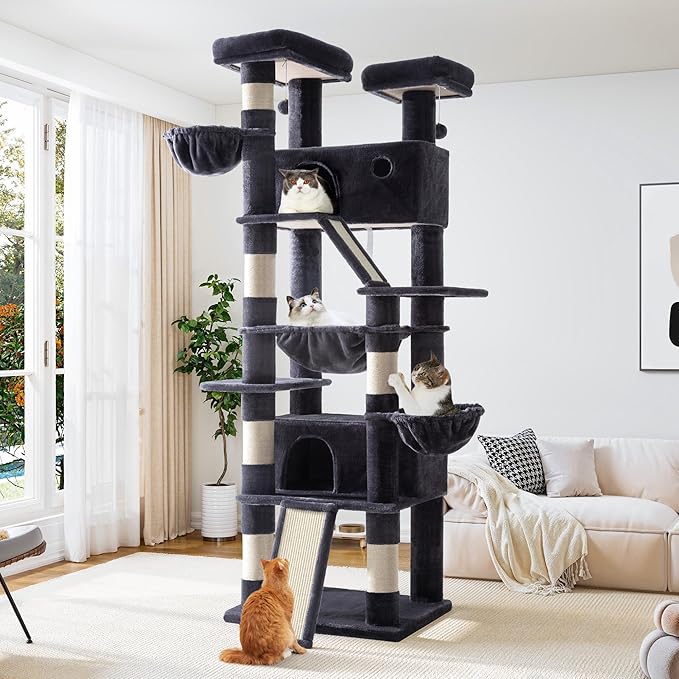 Allewie 81 Inches Tall Cat Tree/Multi-Level Large Climbing Tree House and Towers for Big Feline/Condo and Hammock/Scratching Post/Wide Base/Dark Grey