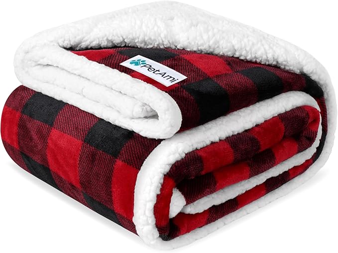 PetAmi Waterproof Dog Blanket for Small Medium Dog Puppy Cat Throw for Couch Cover Leakproof Protection, Sherpa Fleece, Reversible Soft Washable 29x40 Checker Plaid Red