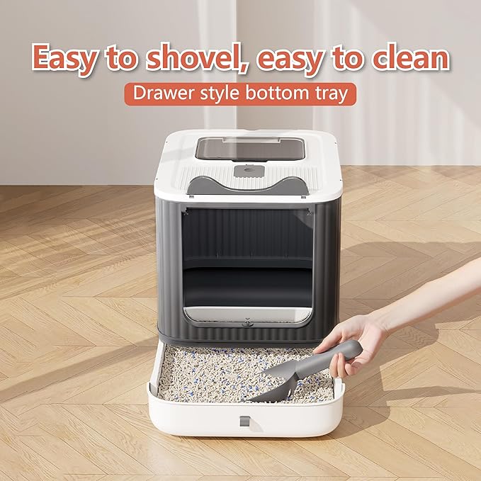 Upgraded Fully Enclosed Cat Litter Box with Lid, Covered Cat Box Enclosure, Anti-Splashing Easy to Clean Kitty Litter Boxes with Drawer, 3 Modes can Use from Kitten to Adult(White&Grey)