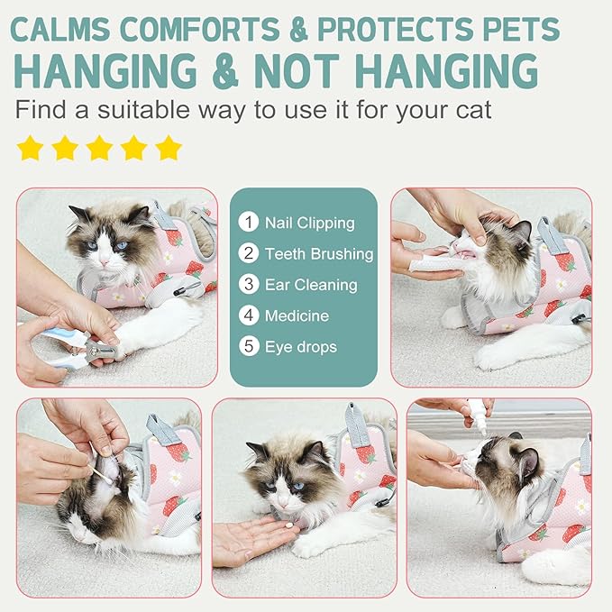 Supet Cat Grooming Hammock Harness for Nail Trimming, Cat Grooming Hanging Sling for Nail Clipping, Pet Restraint Holder for Cutting Nails, Medicine, Ear & Teeth Cleaning, Eye Care (Strawberry M)