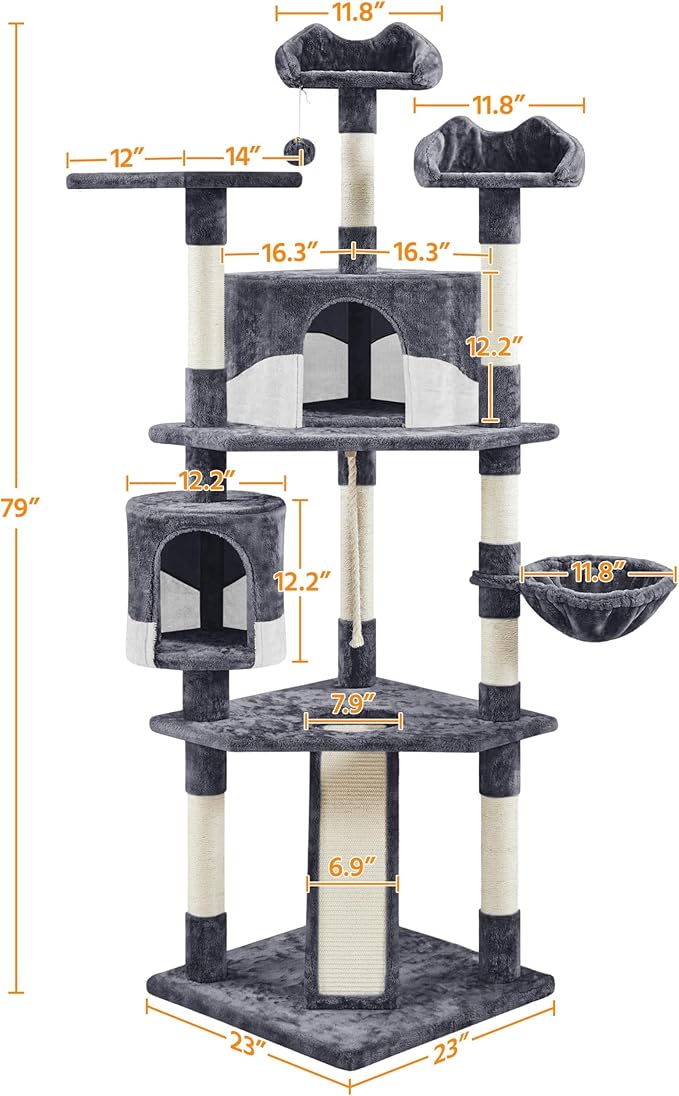 Yaheetech 79in Multi-Level Cat Trees Indoor Cat Tower with Sisal-Covered Scratching Posts, Plush Perches and Condo for Kittens, Cats and Pets - Dark Gray and White