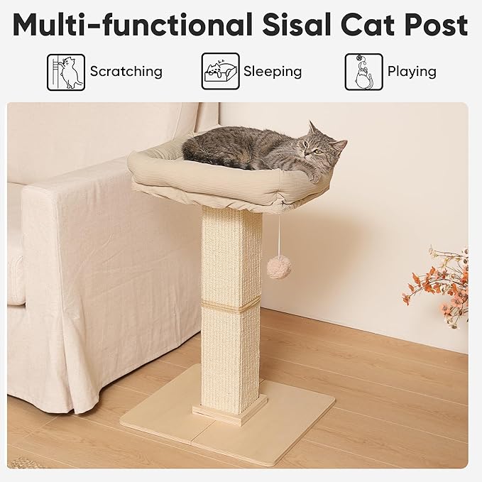 FUKUMARU Cat Scratching Post, Modern Style Tall Scratch Posts with Perch for Infoor Cats Adults, Large Cat Scratcher Tower with Bed, Small Tree with Raised Stand, Natural Sisal & Solid Wood