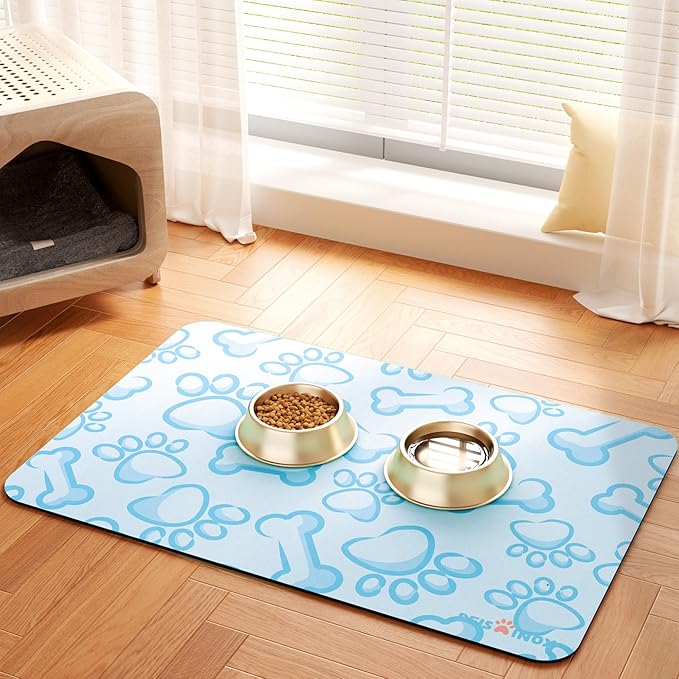 Cat Dog Food Mat, Rapid Water Absorption Dog Mat for Food and Water,100% Waterproof Cat Dog Bowl Mat, 16"x27"-Blue