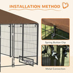 PawHut Outside Dog Kennel, 7' x 7' x 5' Puppy Play Pen with Canopy, Garden Playpen Fence Crate Enclosure Cage Rotating Bowl, for Dogs, Chickens, Ducks, Black