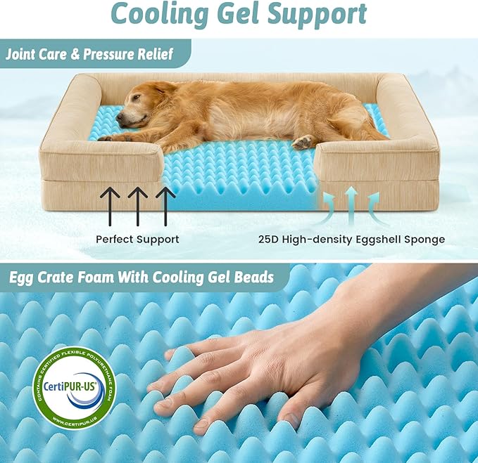 Cooling Dog Bed for Large Medium Size Dogs, Q-Max >0.4 Summer Cool Orthopedic Foam Pet Sofa Bed with Sides, Bolster Anti-Slip Couch with Washable Removable Cover, L 36x27x6.5 inch, Beige