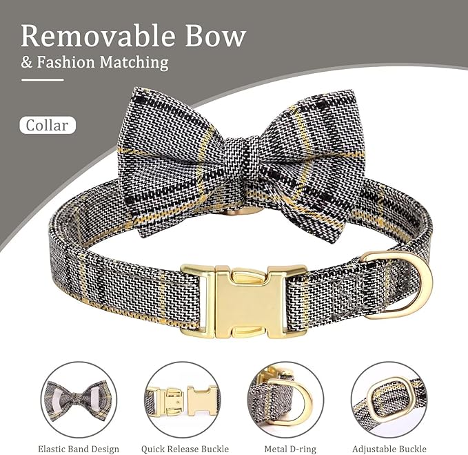 Beirui Cute Small Dog Harness Collar and Leash Set with Bowtie, Soft Adjustable Plaid Puppy Harness for Small Sized Dogs Cats Walks Parties and Photoshoots(Gray,S:Chest 17-23")