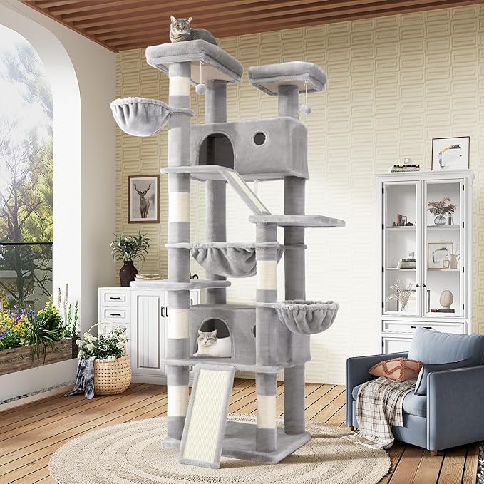 SHA CERLIN 81in Multi-Level Tall Cat Tree Tower for Indoor Kitties/Larger Cat Condo Furniture with Hammock/Cozy Pussycat Perches/Sisal Scratching Posts/Pet House/Wide Base/Grey