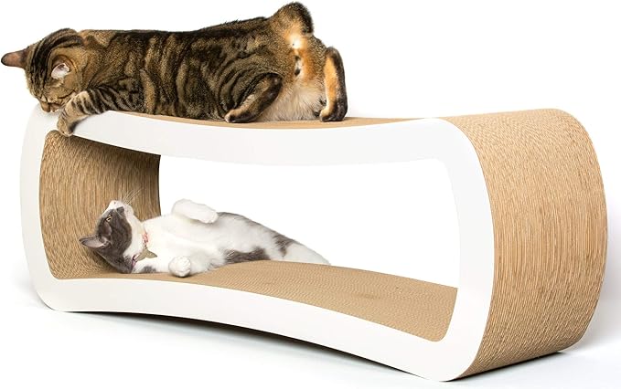 PetFusion Jumbo Cat Scratcher Lounge, White. 39 x 11 x 14 inch 4 Cardboard Scratching Surfaces and 2 Levels, Scratch, Play, Perch, and Hide100% Recyclable Cardboard Cat Lounge