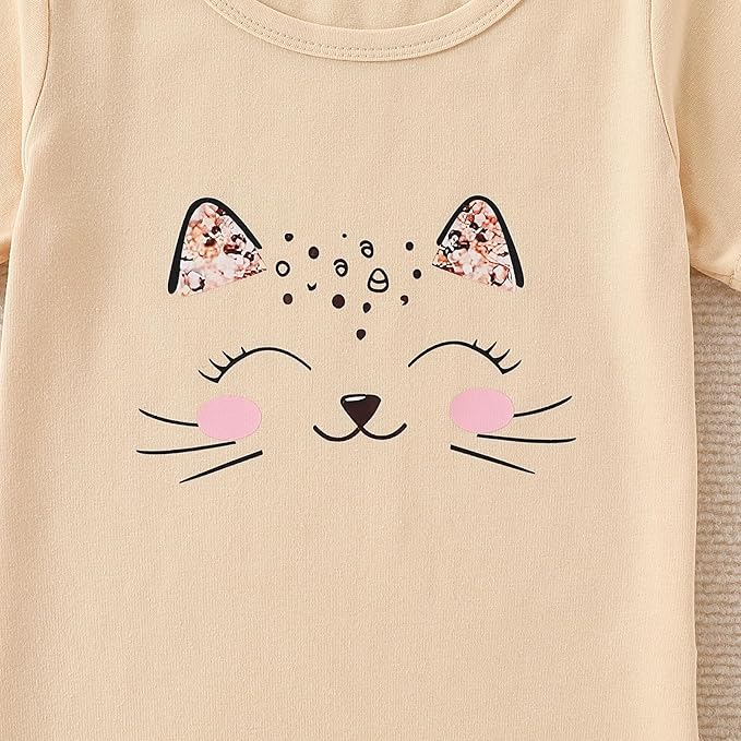 4-8T Toddler Girl Clothes Cat face print Short Sleeve Top+Pants Outfits Girl Spring and summer 2-Piece Set