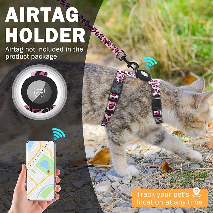SCENEREAL Adjustable Cat Harness and Leash Set with AirTag Holder, Escape-Proof Design for Small to Large Cats, Lightweight Soft Travel Harness, Pink Leopard