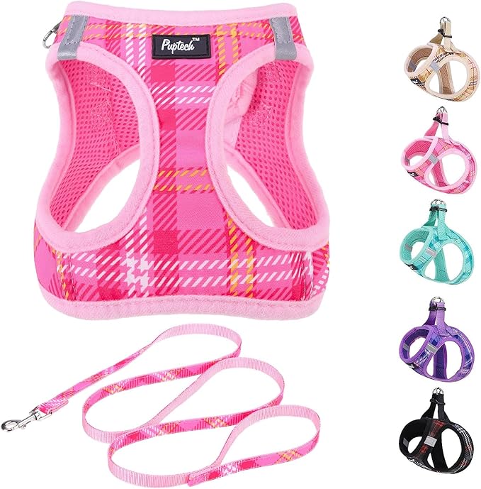 PUPTECK Dog Harness and Leash Set for Small Medium Dogs No Pull Step-in Soft Mesh Puppy Cat Vest Harnesses Reflective at Night, Plaid Pattern Pink S