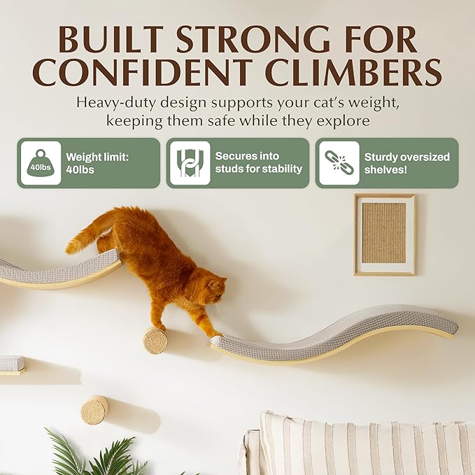 Extra Large 35.4” × 11.6” Stylish Cat Wall Shelves with Soft Cushion, Modern Wall-Mounted Cat Tree Furniture & Perch, Sturdy/Hidden Mounts, Machine Wash Cover, Sleek Design- CALLICO HAVEN Wave S-Shape