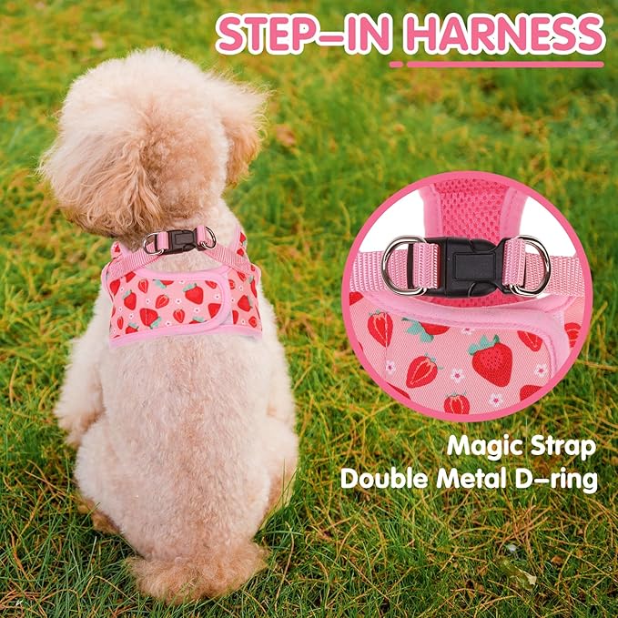 PUPTECK Dog Harness for Puppy and Small Sized Dogs, Step-in No Pull Soft Mesh Vest Harness for Cats Small Pets Walking, Pink Strawberry, New XXS