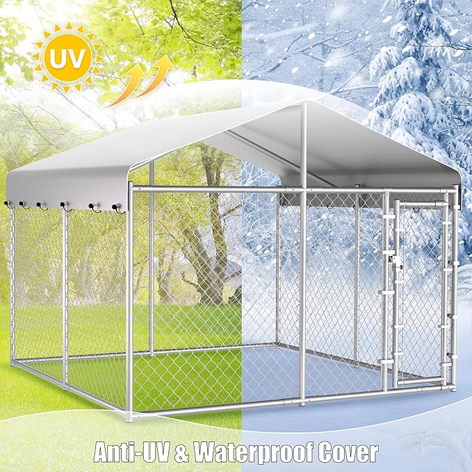 HITTITE Extra Large Outdoor Dog Kennel, 10x10x6.56ft Anti-Rust Dog Kennel Outside with Roof, Galvanized Chain Link Dog Runs for Outside with Secure Lock