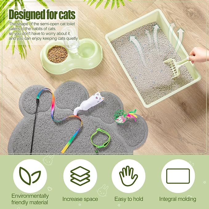 7 Pcs Small Cat Kitten Starter Kit Cat Litter Box with Shovel Paw Litter Mat Double Automatic Kitten Bowls Toy Teaser Stick Collar Essentials Kits for 1-3 Lbs Beginner(Simple,Green)