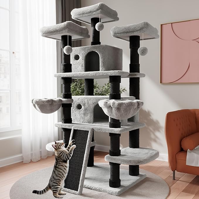 SHA CERLIN 68 Inches Multi-Level Large Cat Tree for Large Kitties/Big Cat Tower with Condo/Cozy Plush ‌Pussycat Perches/Sisal Scratching Posts and Hammocks/Activity Center/Black & Grey