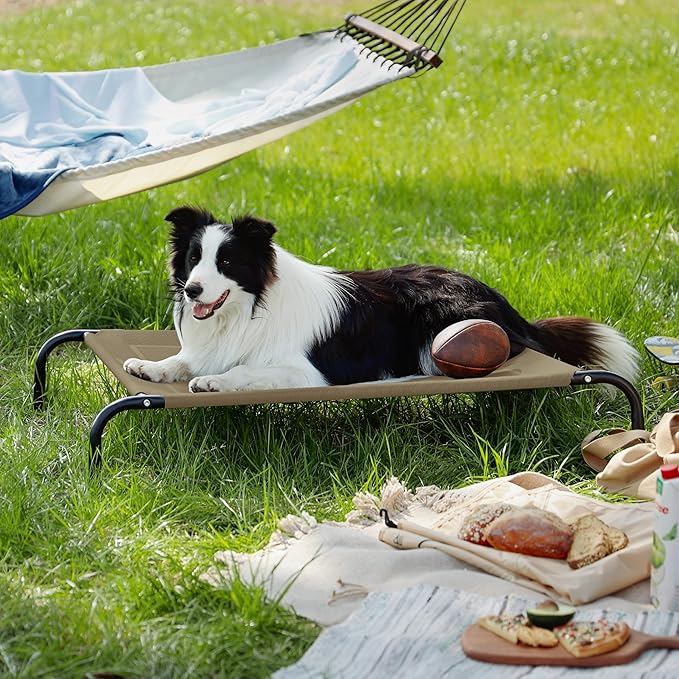 Bedsure Outdoor Elevated Dog Bed Large Sized Dog, Portable Indoor & Outdoor Cooling Raised Cot Pet Hammock Bed with Skid-Resistant Feet, Frame with Breathable Mesh, Brown, 49 inches