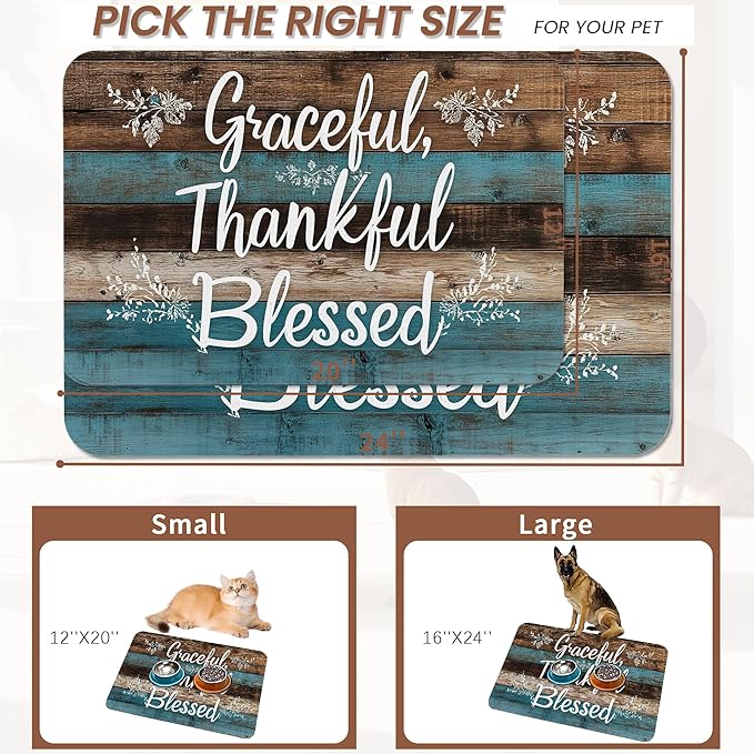 Thankful Grateful Blessed Dog Cat Food Mat,Vintage Wooden Absorbent Pet Feeding Mat for Food and Water, Non-Slip Dog Bowl Mats Floor Protector 16"x24"