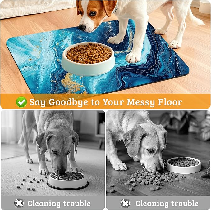 Dog Bowl Mat,Blue Gold Marble Pet Feeding Mat for Floors Waterproof,Flowing Absorbent Dogs Placemat for Food and Water Quick Dry Pet Cat Feeding Mats with Non Slip Bottom 16" x 24"