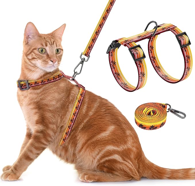 Cat Harness and Leash Set, Adjustable Kitten Harness Escape Proof Cats Harness, Soft Lightweight Walking Travel Pet Harness, Cute Kitty Harness Leash Set for Small Medium Cats, Orange