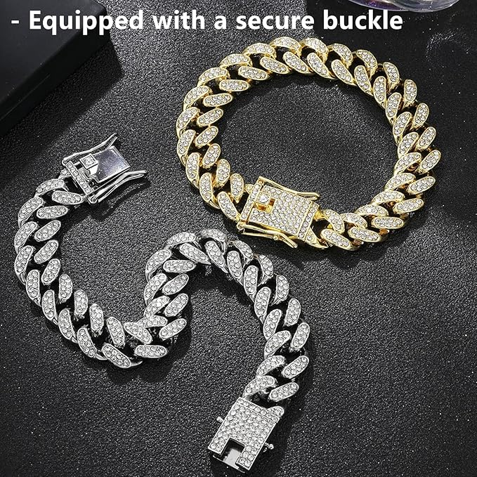 2 Pcs Diamond Cuban Link Kitten Walking Collar with Secure Buckle Pet Rhinestones Necklace Metal Chain Jewelry Accessories for Cats Dogs Kittens Puppies, Gold and Slivery (11inch)