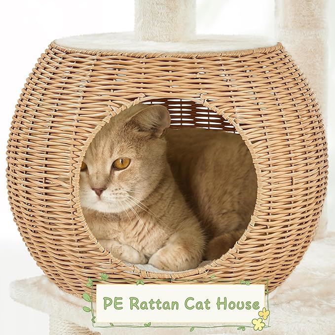 Yaheetech 54in Rattan Cat Tree, Modern Tower with Breathable Woven Condo, Scratching Posts & Washable Cushions, Naturally Cool in Summer, Cute Furniture for Indoor Cats