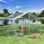 7.5×7.5×5.3 FT Outdoor Dog Kennel with Roof, Dog Enclosure w/Rotating Feeder, Large Heavy Duty Dog Run Playpen w/2 Stainless Bowls, Galvanized Pet House w/Secure Lock, Waterproof Cover (7.5FT)