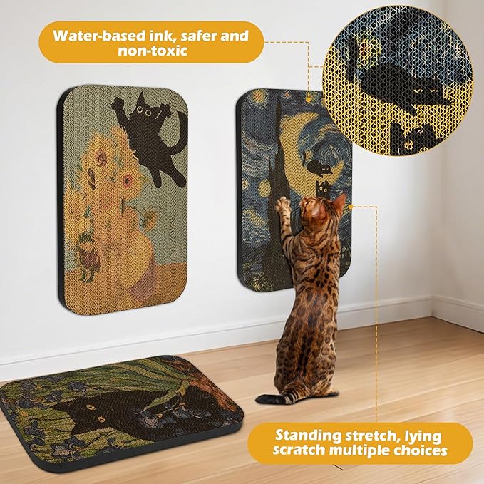 Art Cat Scratcher, 3 Packs Wall-Mountable Art Cat Scratching Board with Box, Cat Wall Scratcher, Cat Scratch Pad, Cardboard Cat Scratchers for Indoor Cats Toy Furniture Protector