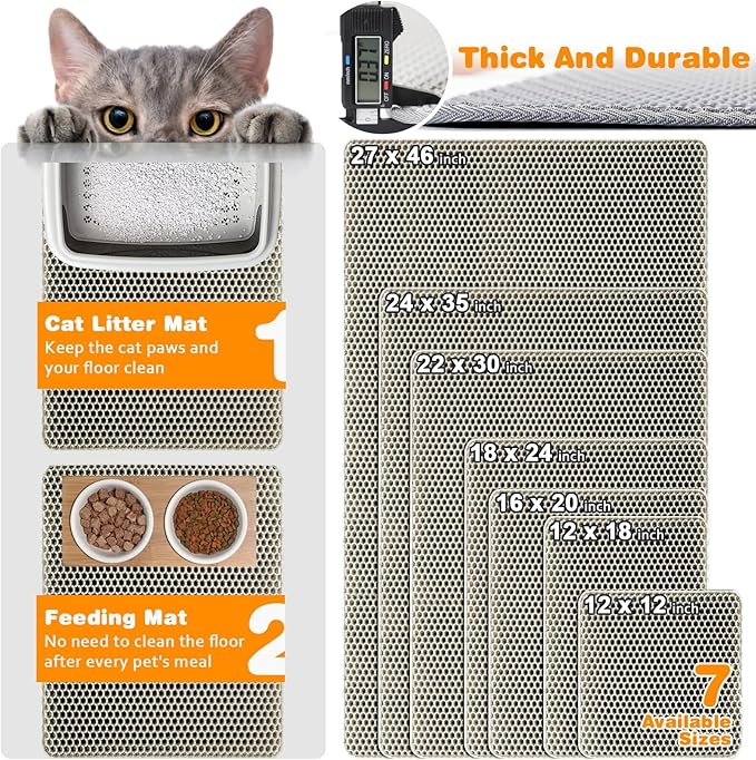 Waterproof Cat Litter Mat, Double Layer EVA, Odor-Free Large Grid, Urine Proof, Easy Cleanup (Khaki, 12 x 18)