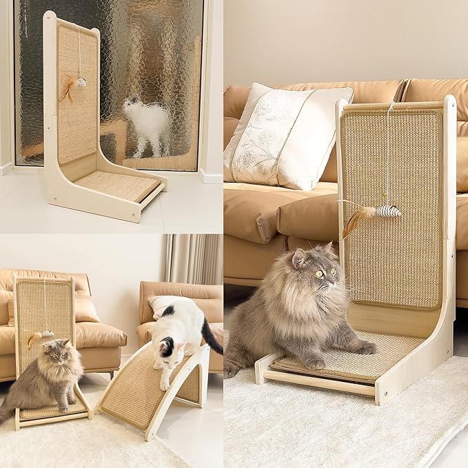 PETKARAY Cat Scratcher, Sisal Cat Scratch Pad, L Shape Scratching Board for Indoor Kitty, Floor Mounted Scratcher with Mouse Toy Catnip