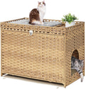 Cat Litter Box Enclosure with Soft Litter Mat; Hidden Cat Washroom Furniture with Door; Handwoven Rattan Kitten House with Large Space; Pet Crate for Living Room, Bedroom, Balcony (Natural)