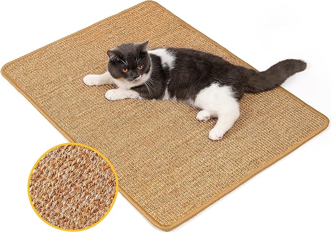 Cat Scratcher Mat,Natural Sisal Cat Scratch Pad with Hook&Loop Tape,Horizontal Floor Kitten Scratching Pads Rug for Indoor,Pet Furniture Protector for Couch&Carpets&Sofas, Large, Brown