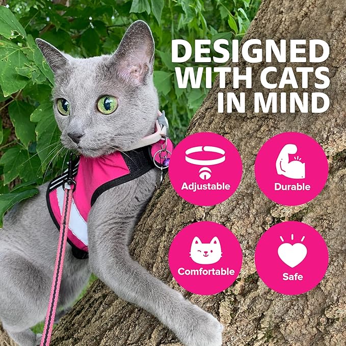 Kitty Holster Reflective Cat Harness – High-Visibility Cat Harness for Travel, Day and Night Walking - Soft Cotton Cat Accessories, Breathable, Secure & Washable, Made in USA - Flamingo Pink, M to L